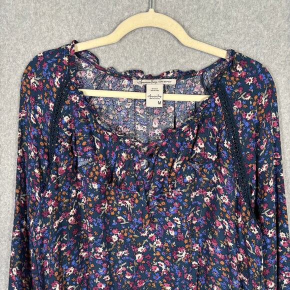 American Rag Top Medium Floral Crochet Puff Cottage Peasant Boho‎ Farmhouse - Picture 2 of 11